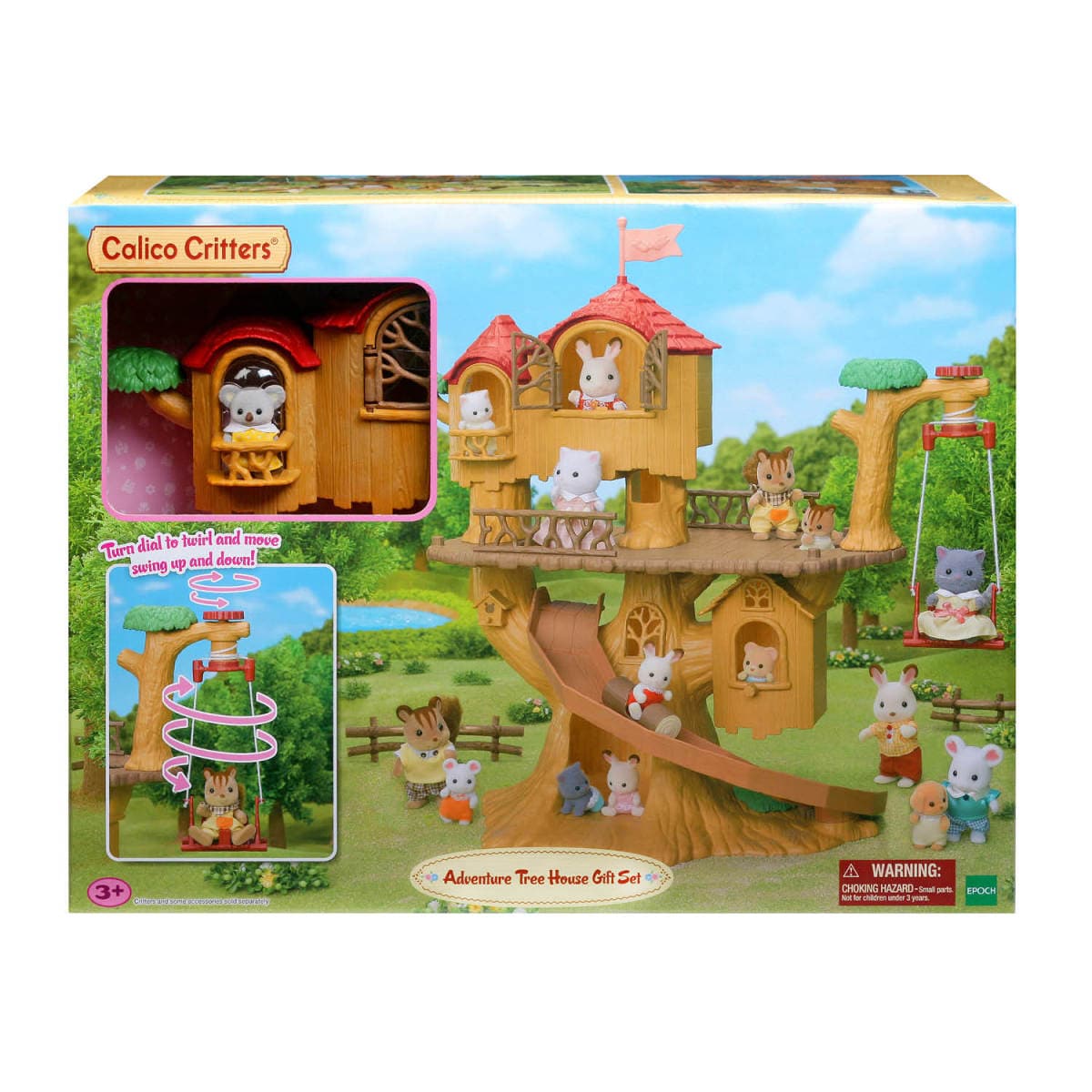A box of a Calico Critterstree house toy. There is an image of various cute animals playing in a tree house with a slide, on the box.