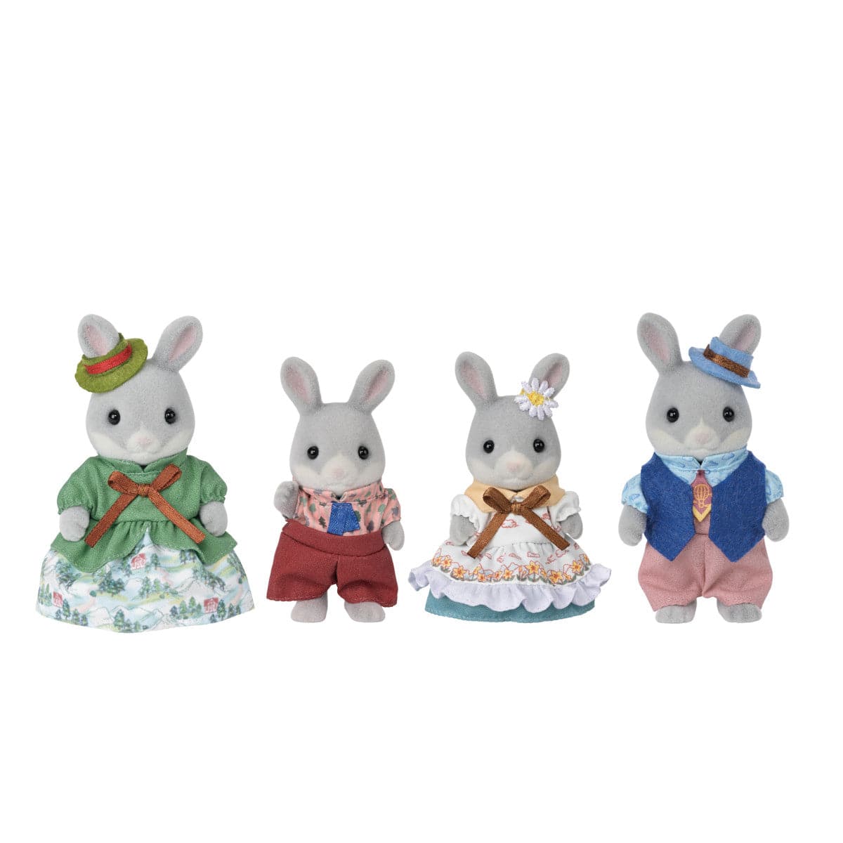 A family of four bunny plushies. The bunnies are dressed in nice pastel clothes.