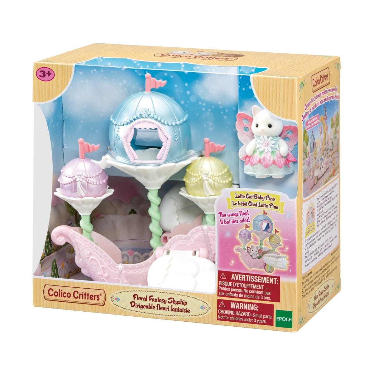A pastel Calico Critters skyship toy. There is also a little animal person dressed as a fairy.