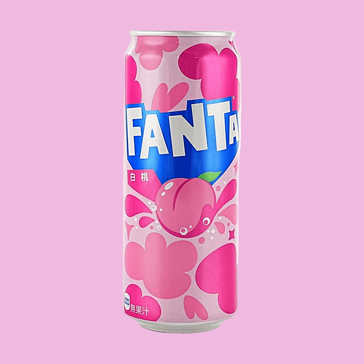 A can of peach Fanta. There is an illustration of a bright pink peach on the front of the can.