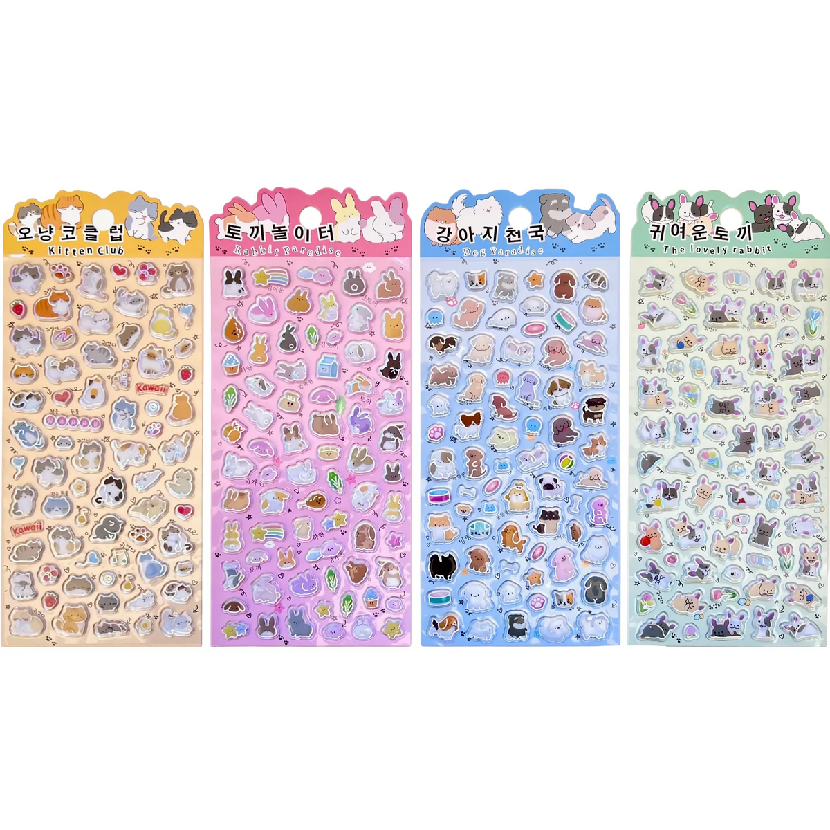 Four different sticker sheets with cute animals on them. There are cats, dogs, and rabbits on the sheets.