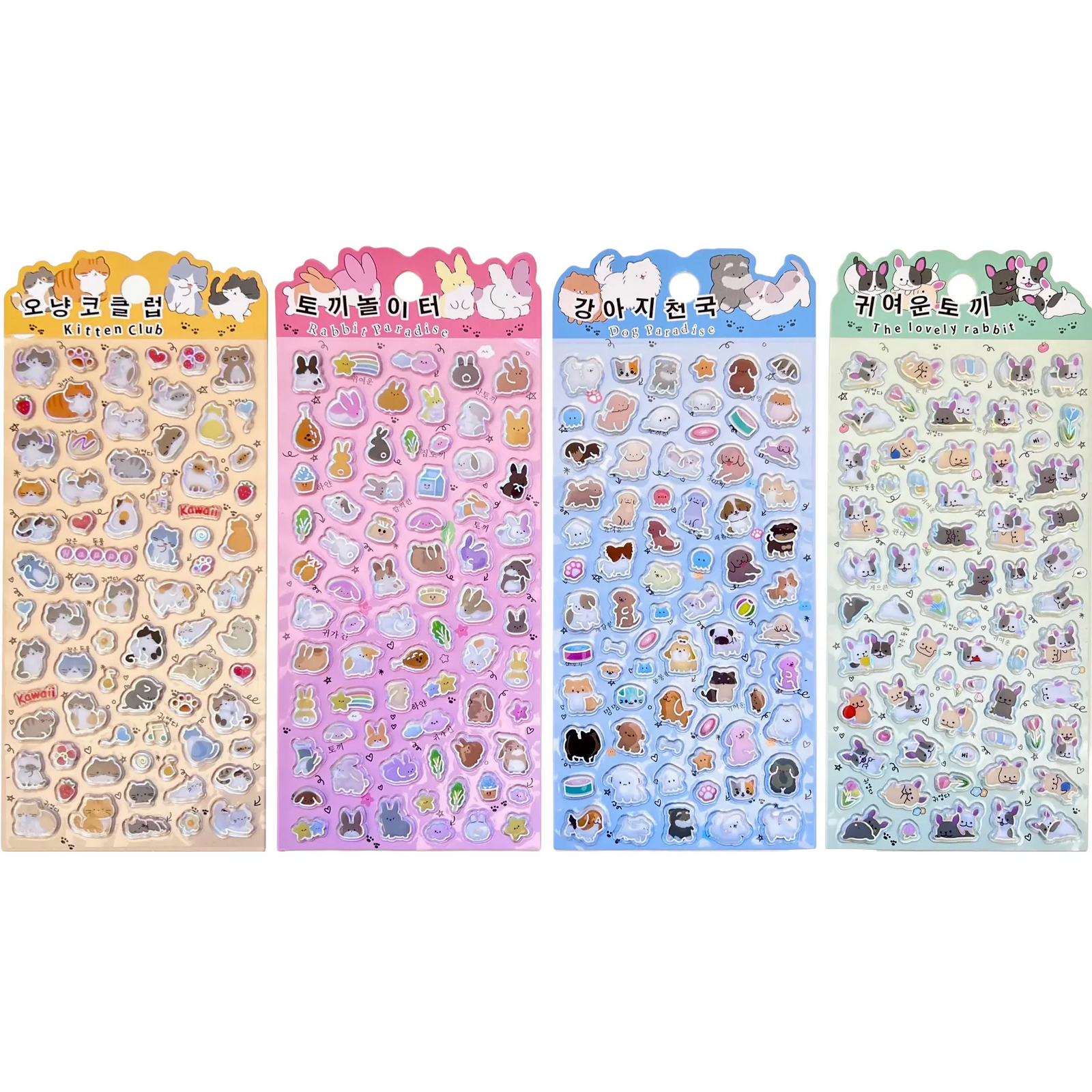 Four different sticker sheets with cute animals on them. There are cats, dogs, and rabbits on the sheets.