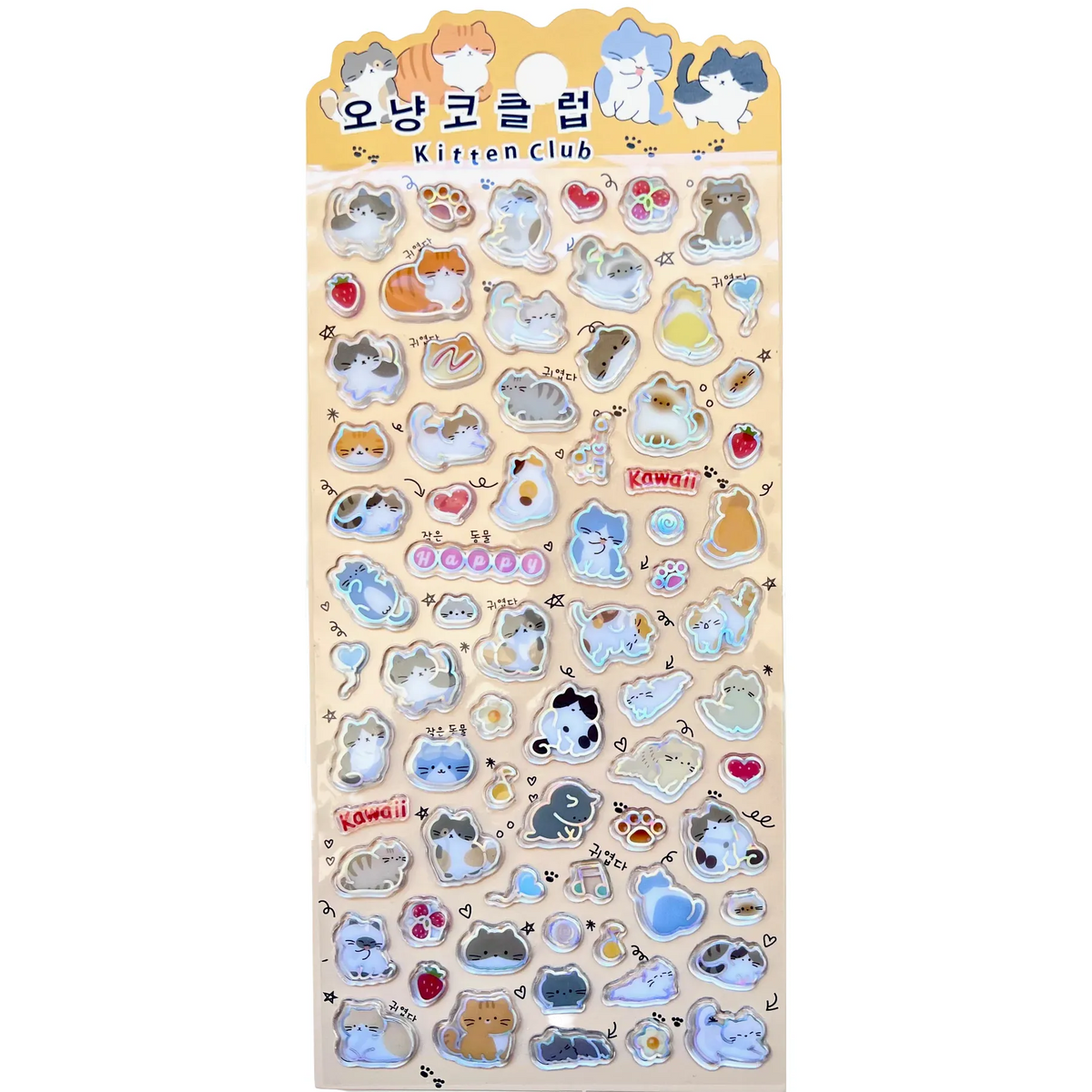 A sticker sheet of various cute cats. The sticker sheet has text that reads "kitten club" at the top.