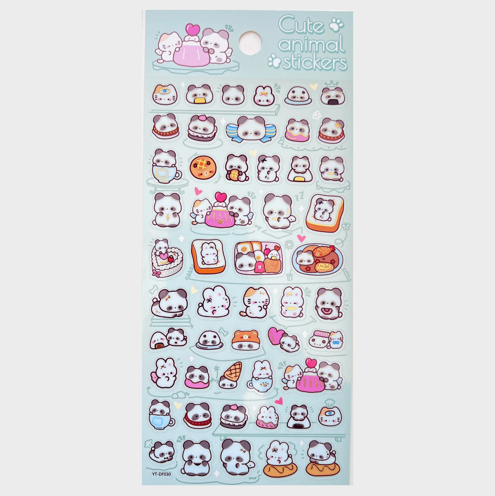 A sticker sheet of a cute panda character. In some of the stickers the panda character is various kinds of food.
