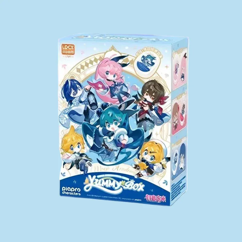 A blind box with various anime style illustrations of Hatsune Miku and other characters on it.