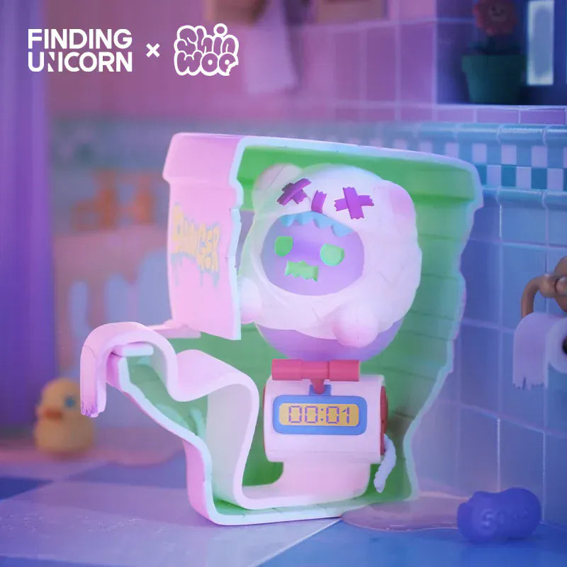 A cute figurine of a ghost wearing a dead skin looking distressed in a bathroom.