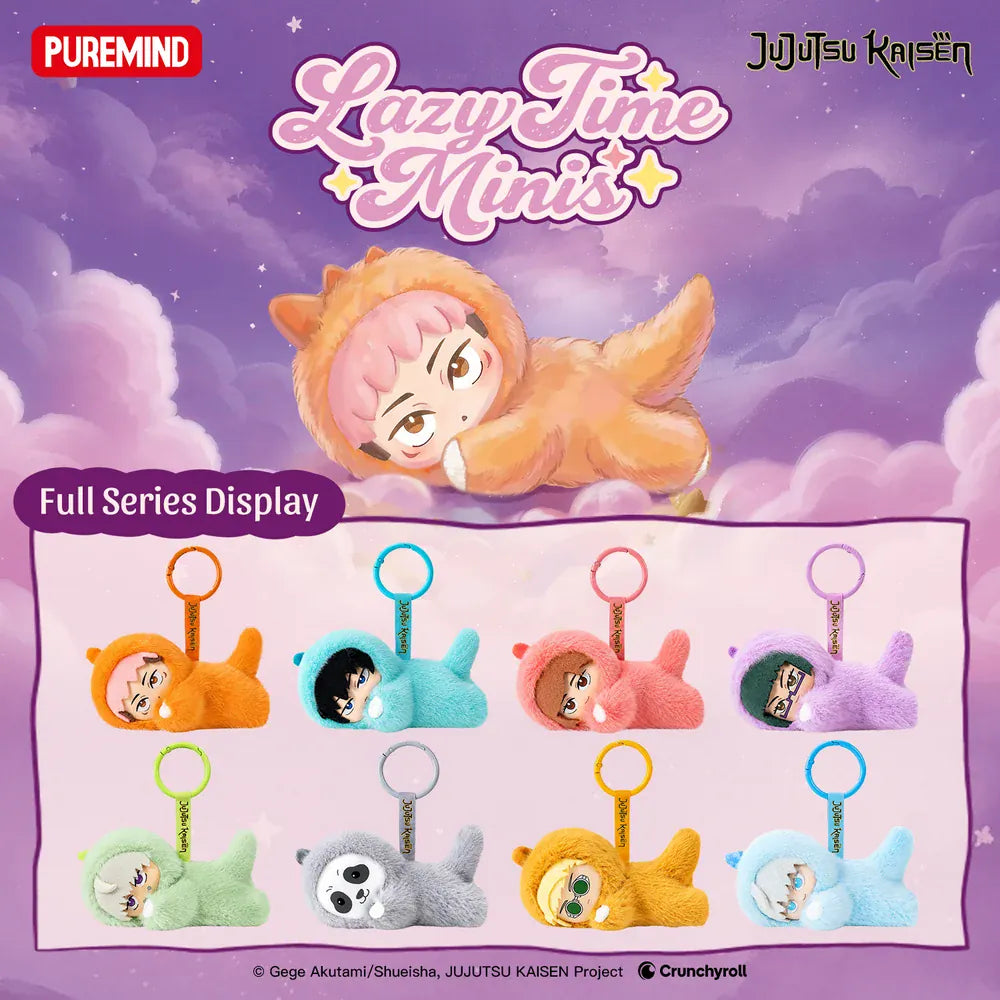 A collection of plush key chains featuring various Jujutsu Kaisen characters in onesies.