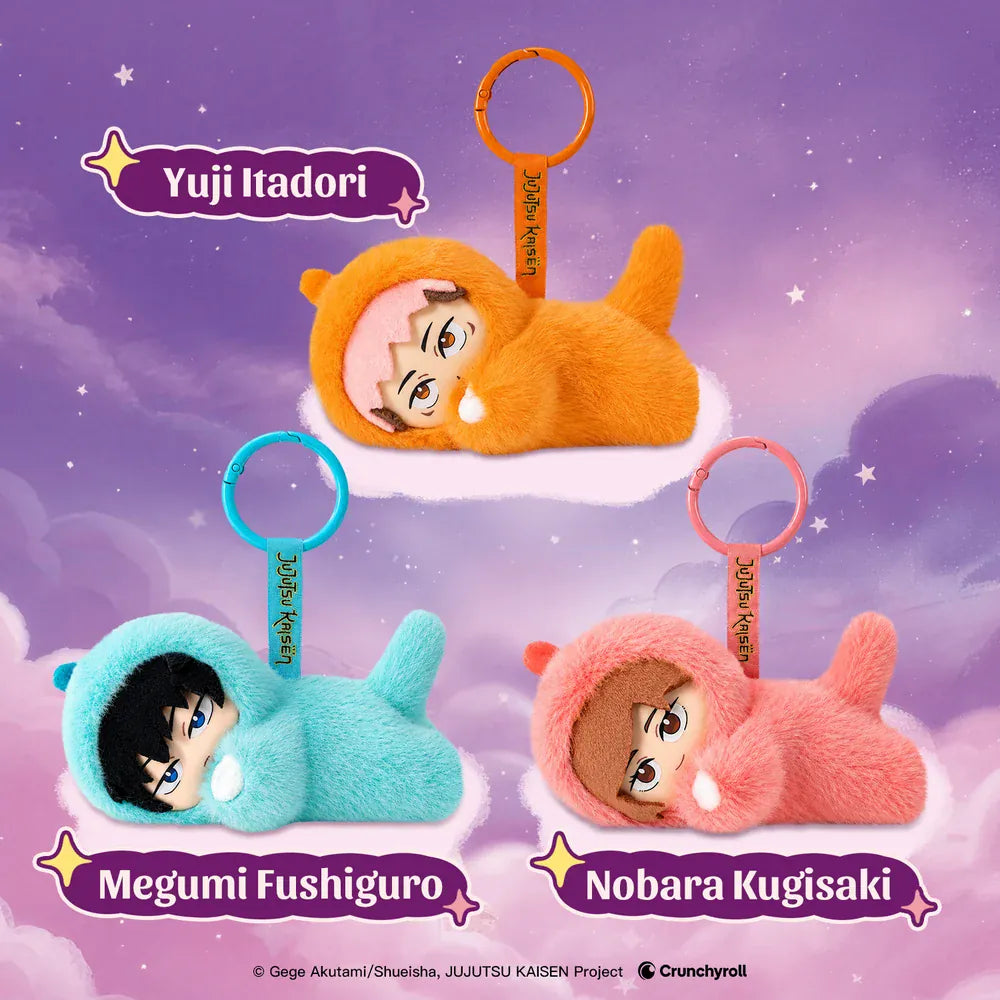 A collection of plush key chains featuring various Jujutsu Kaisen characters in onesies.