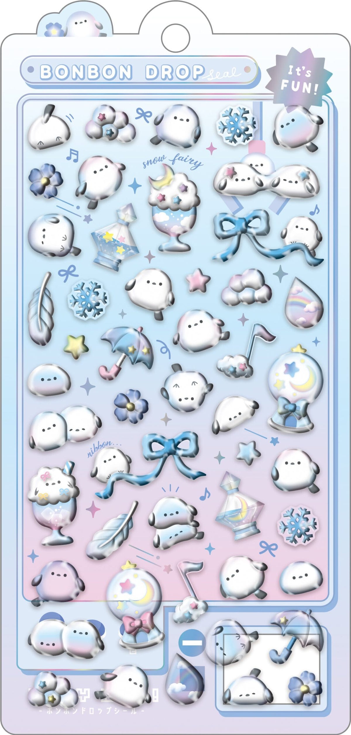 A sticker sheet of a cute penguin. There are also stickers of snowballs, snowflakes, and feathers.