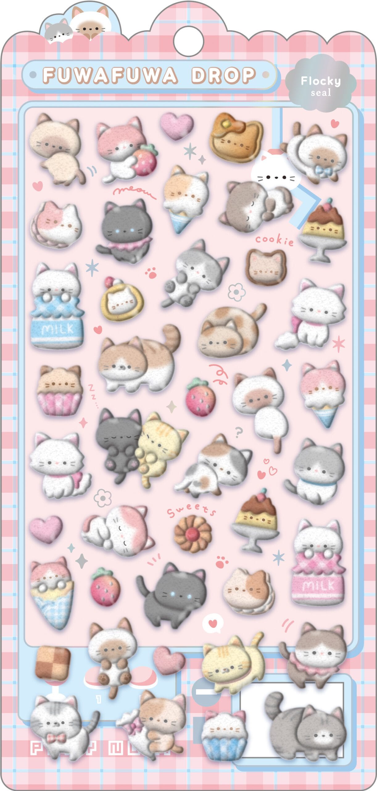 A sticker sheet of cute cats playing with various desserts like cupcakes and puddings.