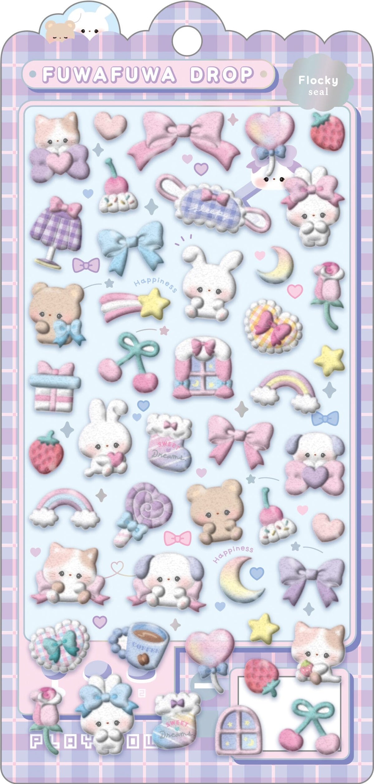 A sticker sheet with cute anthropomorphic cats, rabbits, and bears. There are also pastel hearts, rainbows, and fruits.