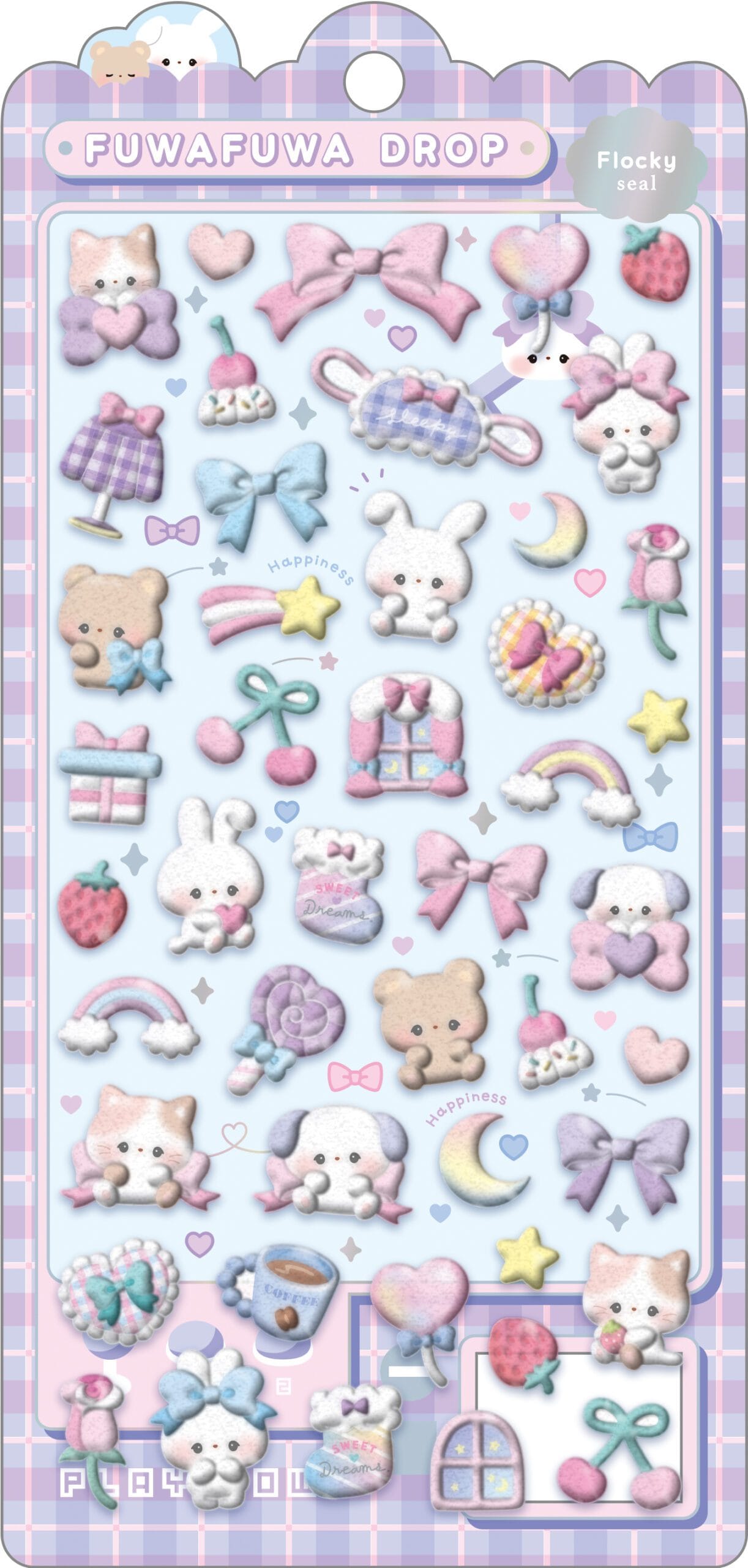 A sticker sheet with cute anthropomorphic cats, rabbits, and bears. There are also pastel hearts, rainbows, and fruits.