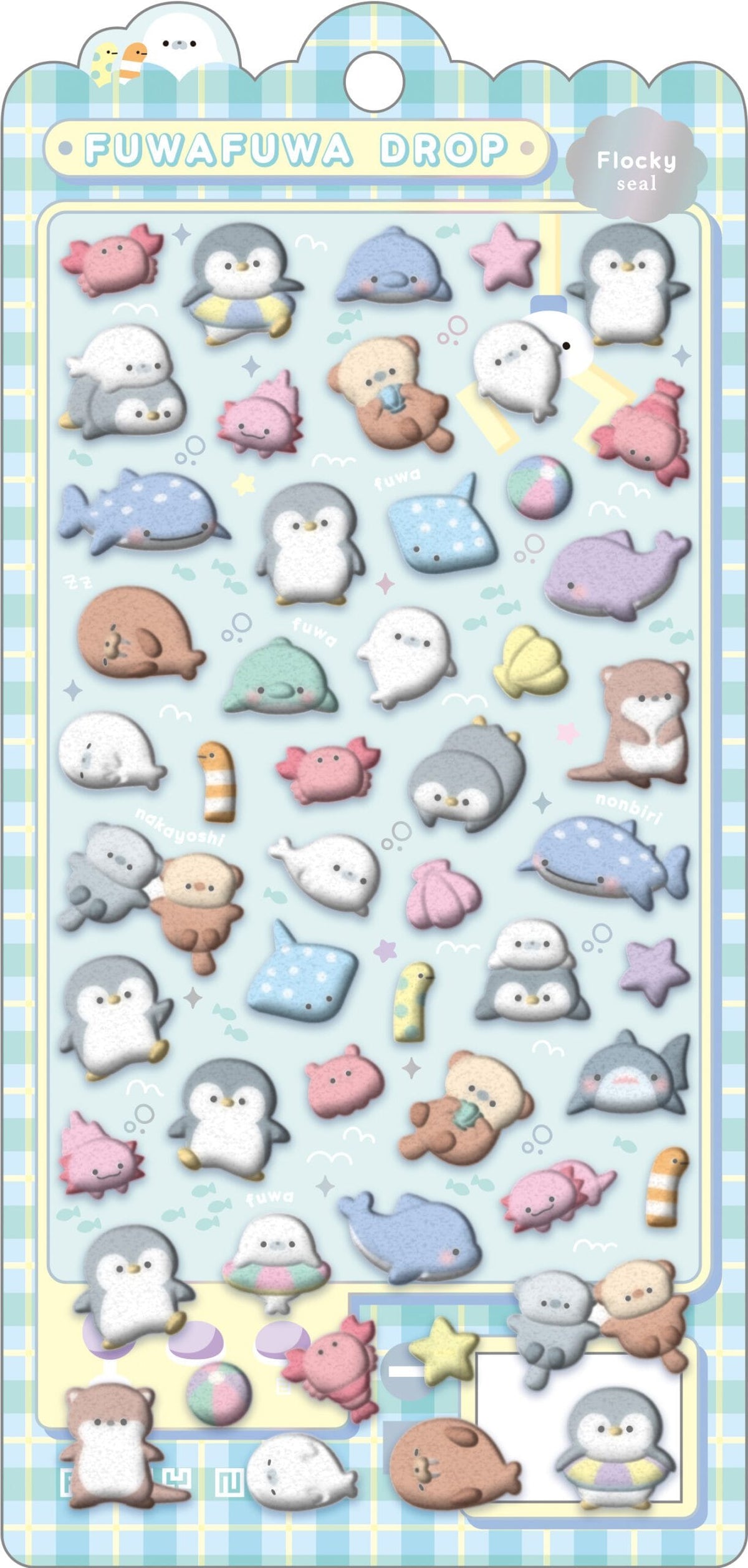 A sticker sheet with many cute sea creatures. There are crabs, penguins, stingrays, otters, and more.