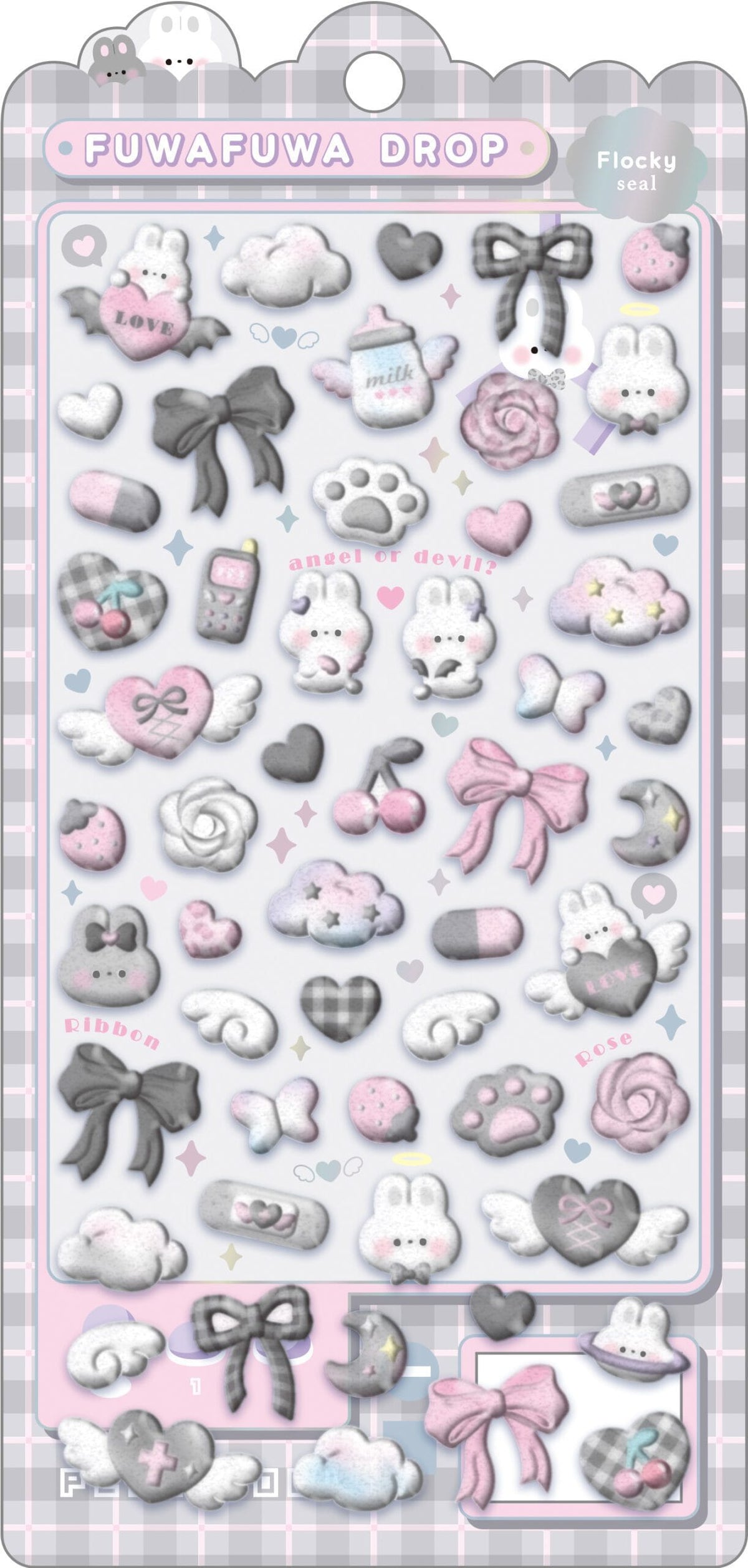 A sticker sheet with many goth themed rabbits, bows, hearts, and flowers.