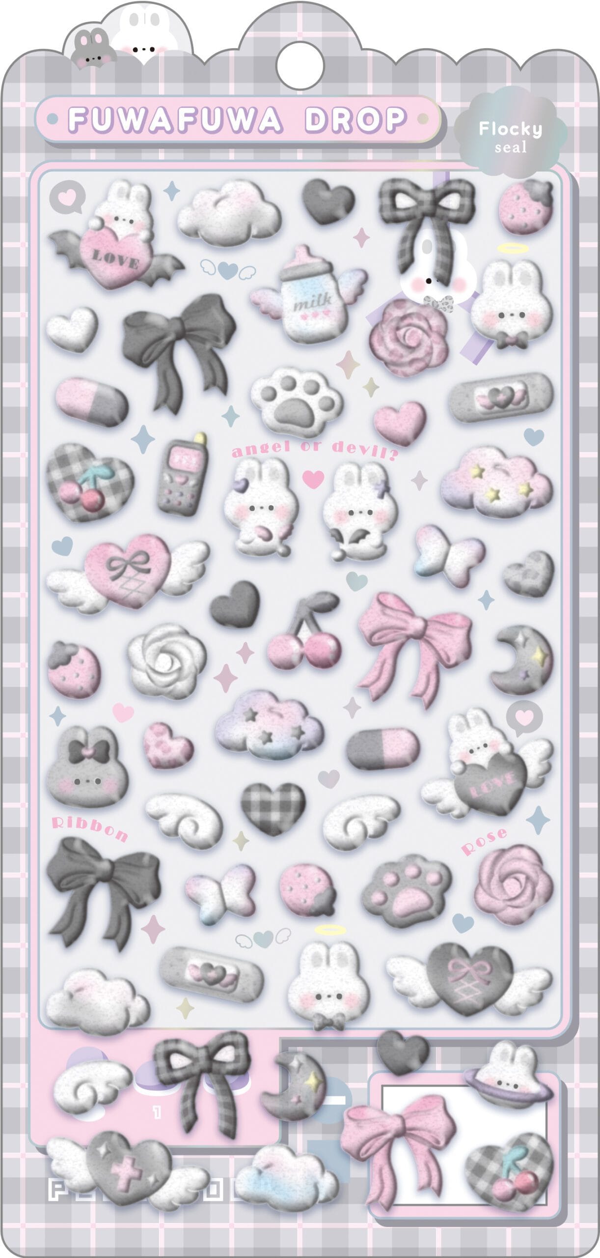 A sticker sheet with many goth themed rabbits, bows, hearts, and flowers.