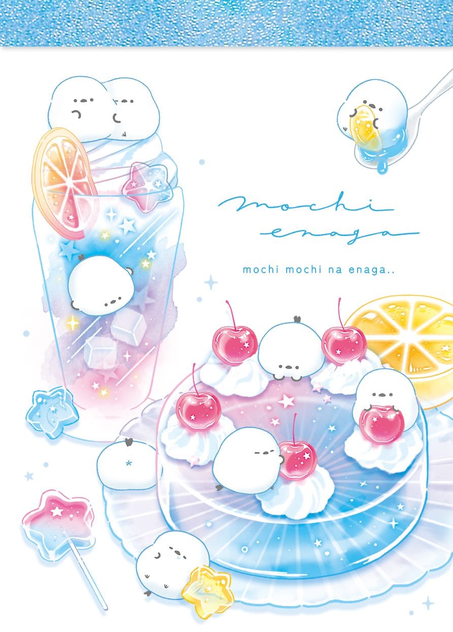 A memo pad with cute illustrations of Mochienaga playing in a colorful glass of lemonade and on top of jello.