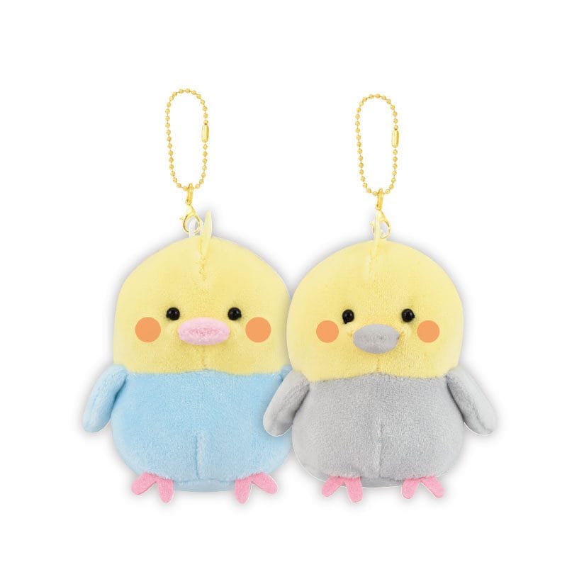 Two bird key chain plushies. One has a blue chest, while the other has a grey chest. Both have rosy cheeks.