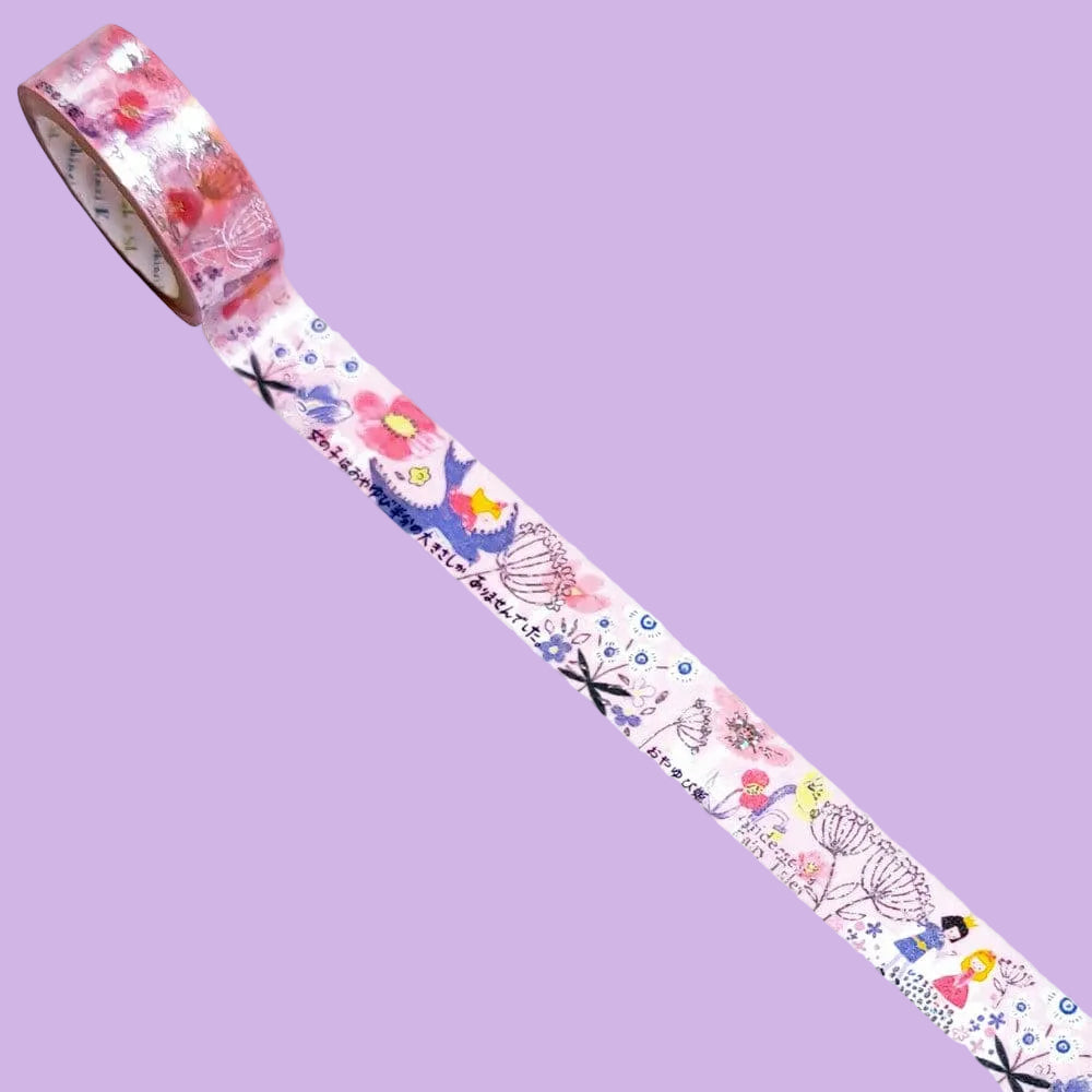 Pink washi tape with illustrations depicting various fairytales.