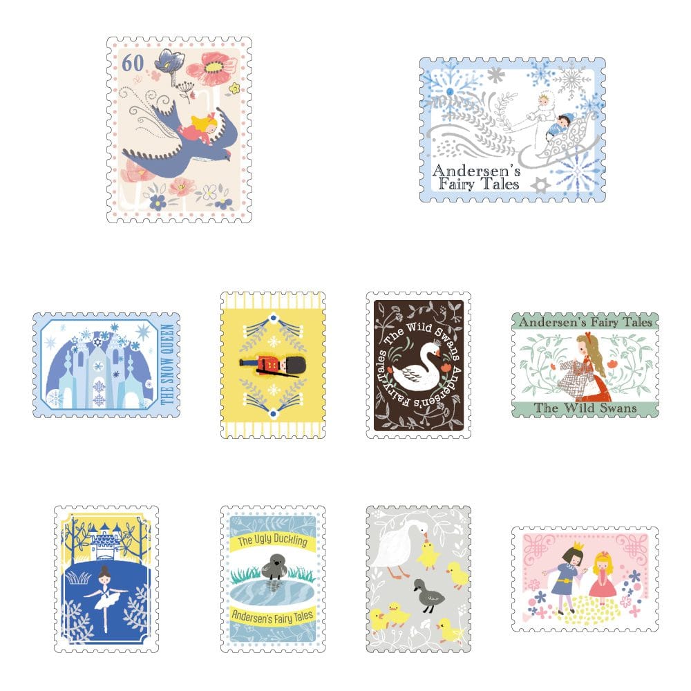 A collection of colorful stamps depicting various fairy tales.