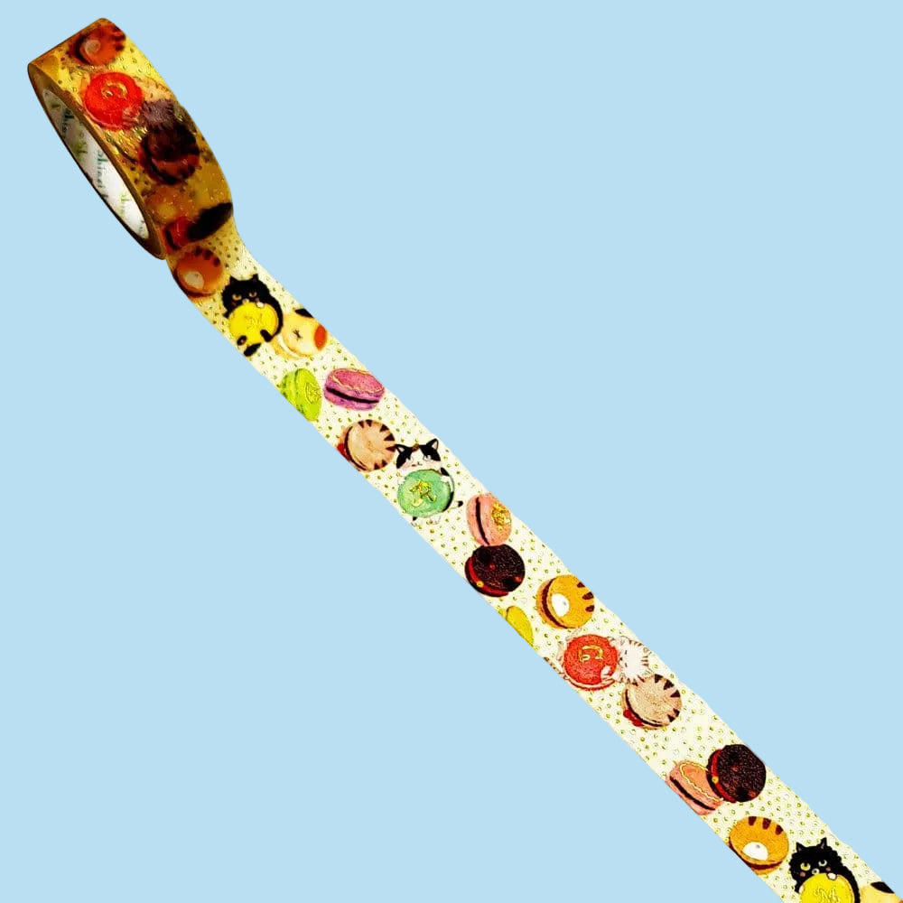 Washi type with illustrations of macarons being eaten by cats.