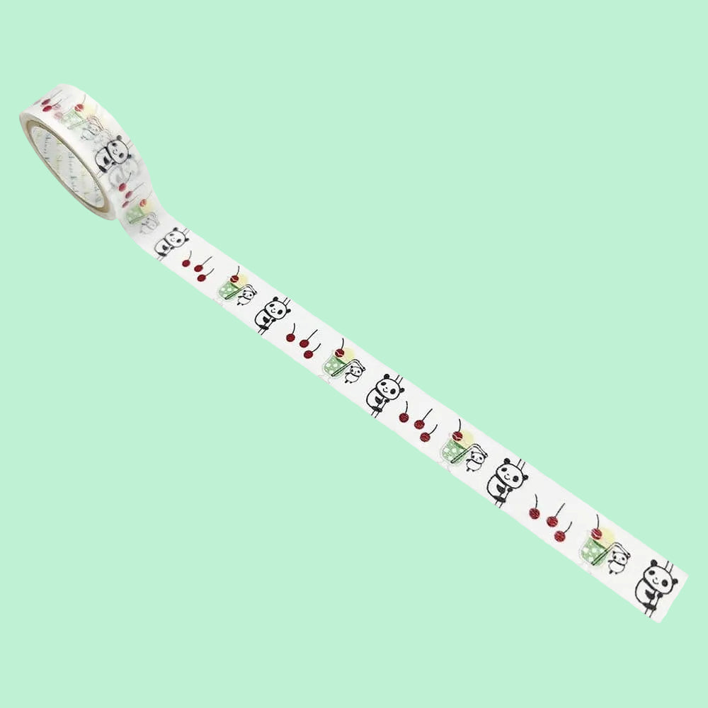 Washi tape with illustrations of pandas, cherries, and boba.