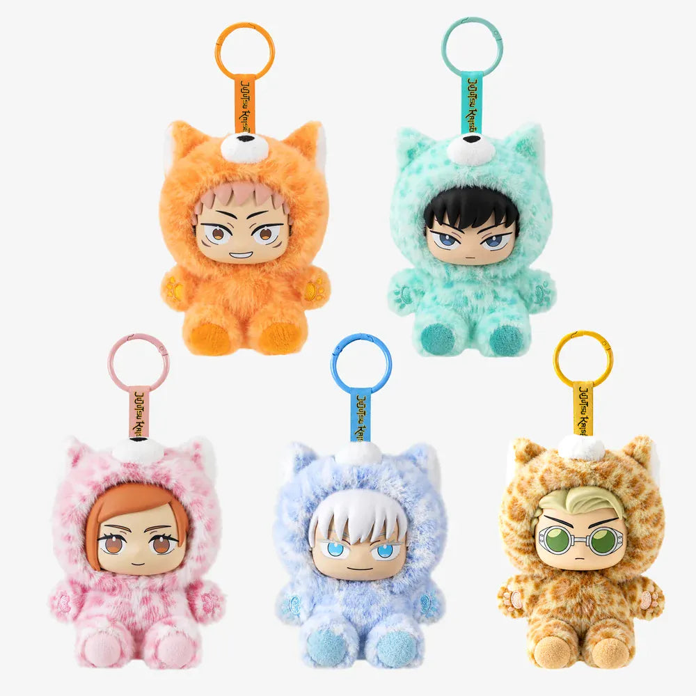 A collection of keychains featuring various Jujutsu Kaisen characters in fluffy onesies. 