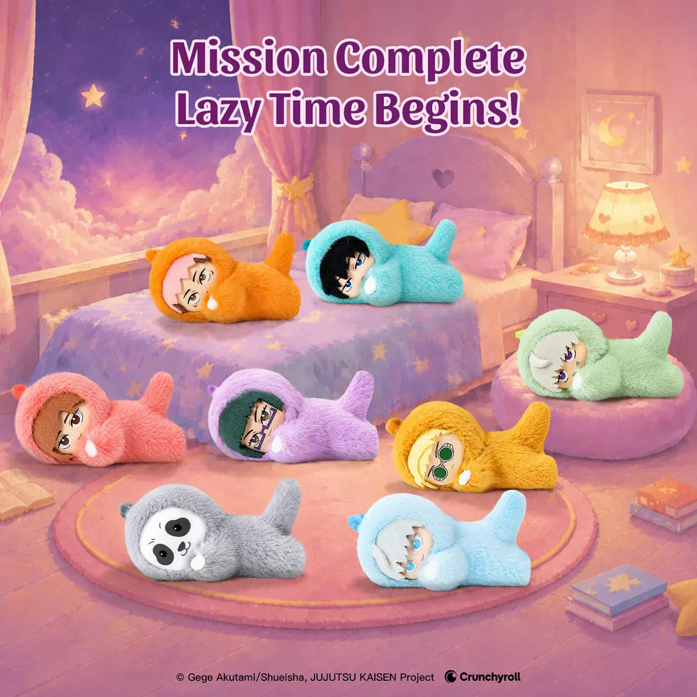 A collection of plush key chains featuring various Jujutsu Kaisen characters in onesies.