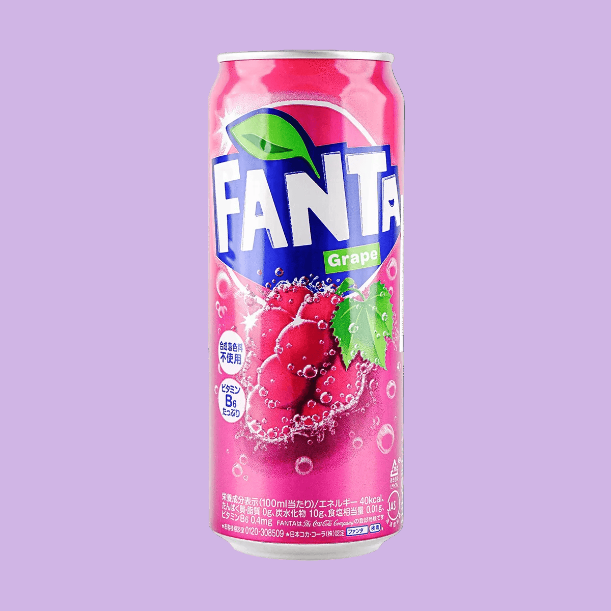 A can of grape Fanta. There is an illustration of a bushel of grapes on the front.