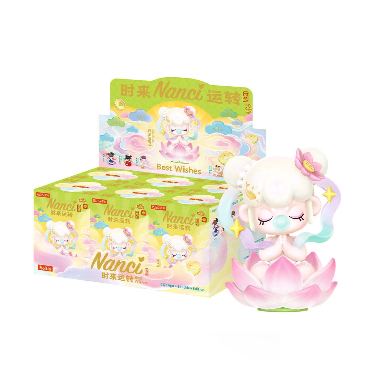 A small figure of a little girl sitting in a lotus petal and praying in front of a box of many of the same figure.