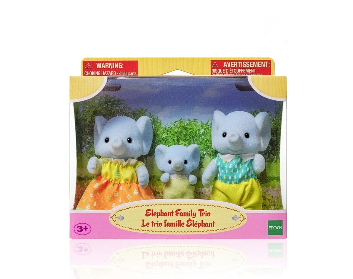 The Elephant Family Playset with the Mother, Baby, and Father Elephant wearing bright, yellow clothes. 