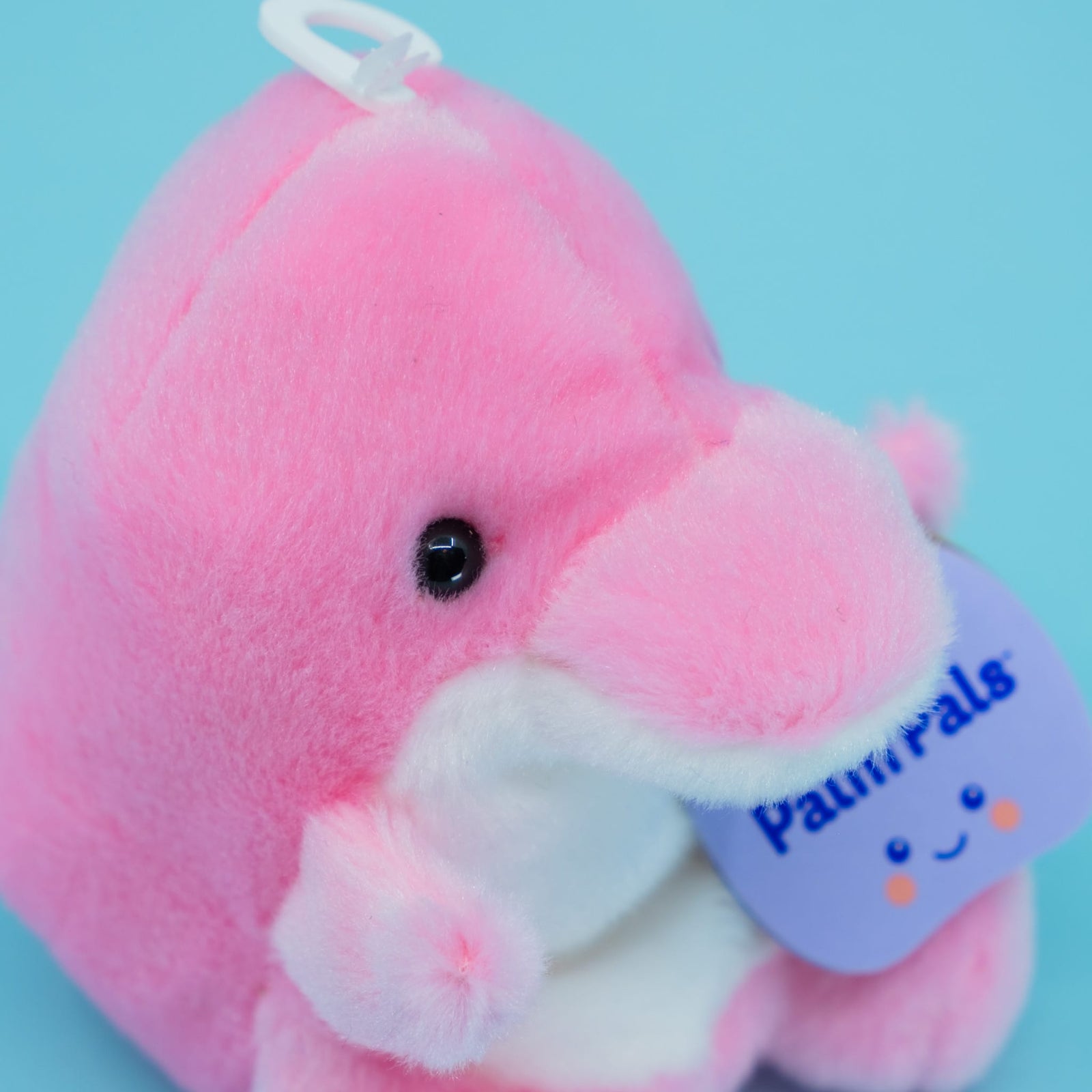 A cute plush of a pink dolphin.