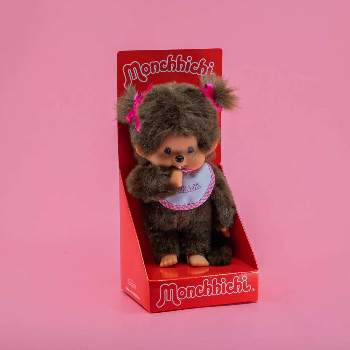 Classic Girl Monchhichi 8" Plush with White and Pink Bib