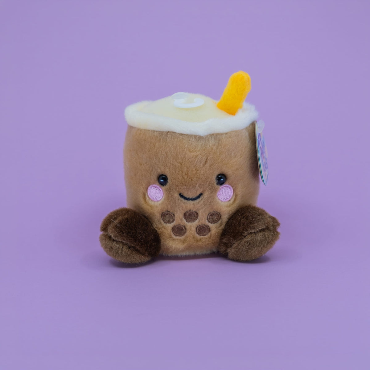 A cute plush of boba tea. It has a smiley face, and little feet.