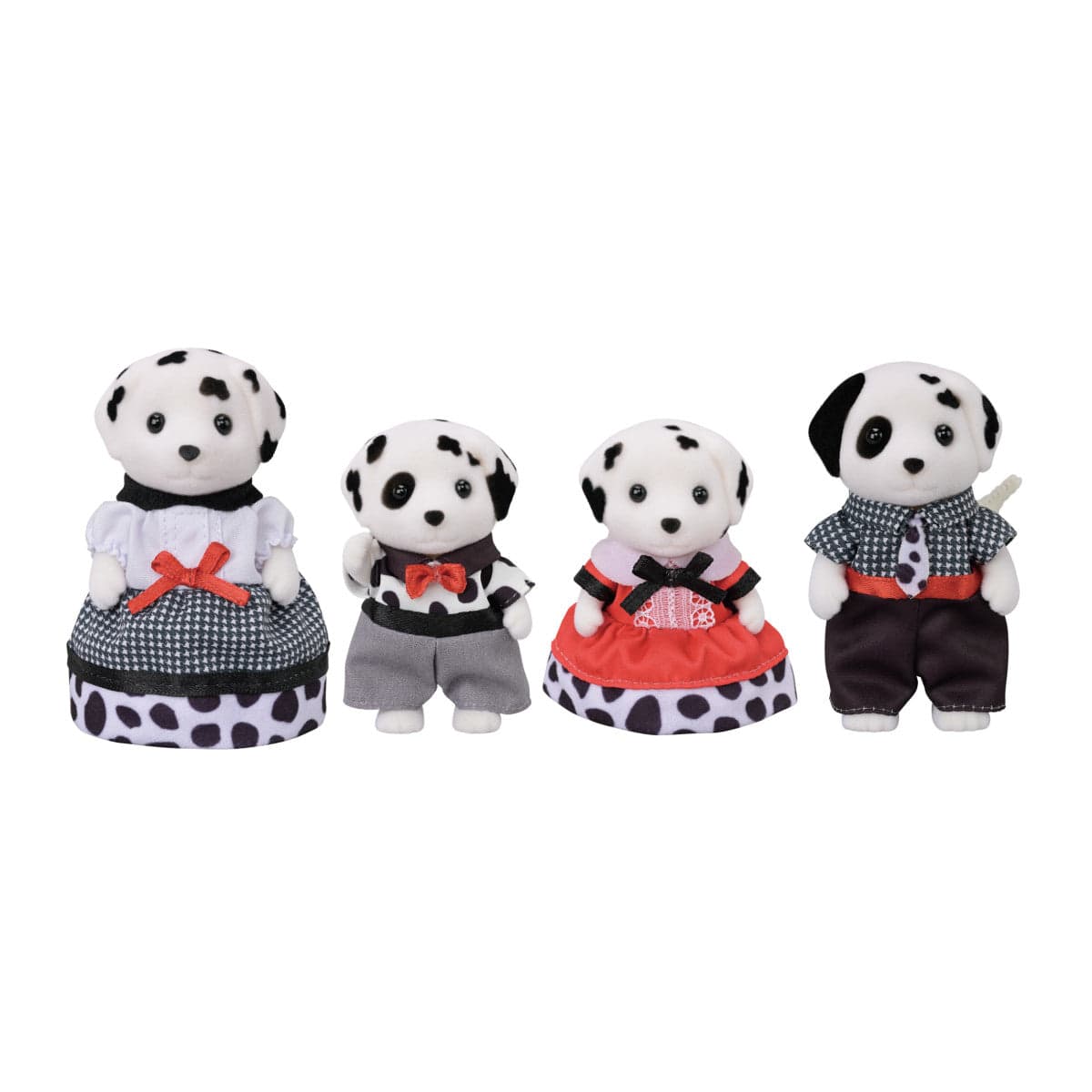 A family of little dalmatian figures. The dalmatians are dressed up in nice black and red clothes.