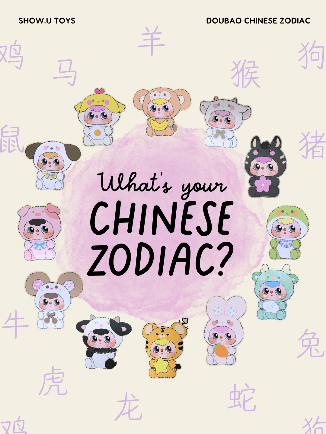 Poster with text saying "What's your Chinese Zodiac?" surrounded by illustrations of kids wearing pajamas corresponding to each of the animals of the zodiac. From the top moving clockwise the animals are the monkey, sheep, horse, snake, dragon, rabbit, tiger, ox, rat, pig, dog, and rooster.