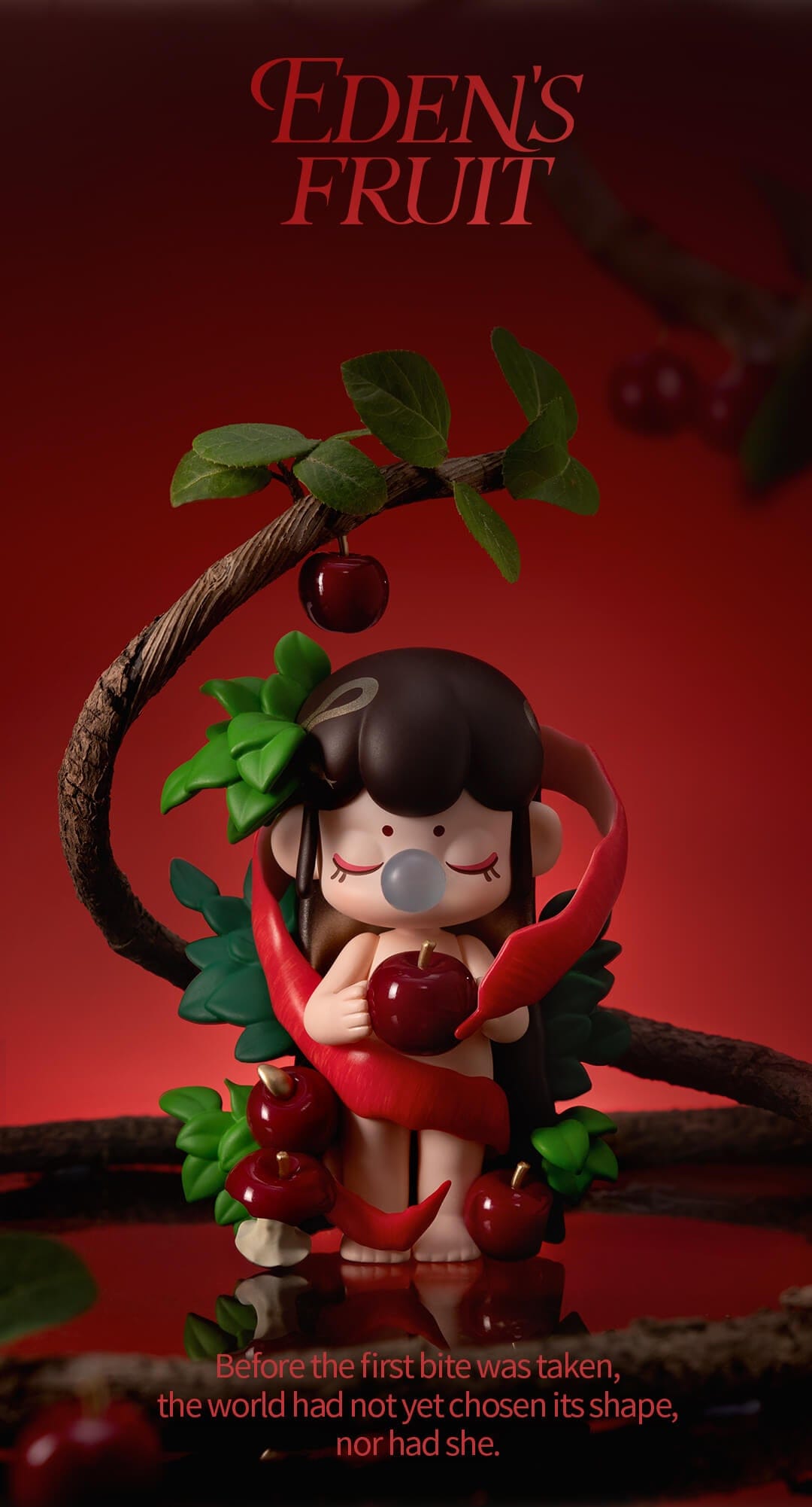 Modestly covered in an apple peel, Nanci holds the forbidden fruit in her hands. 
