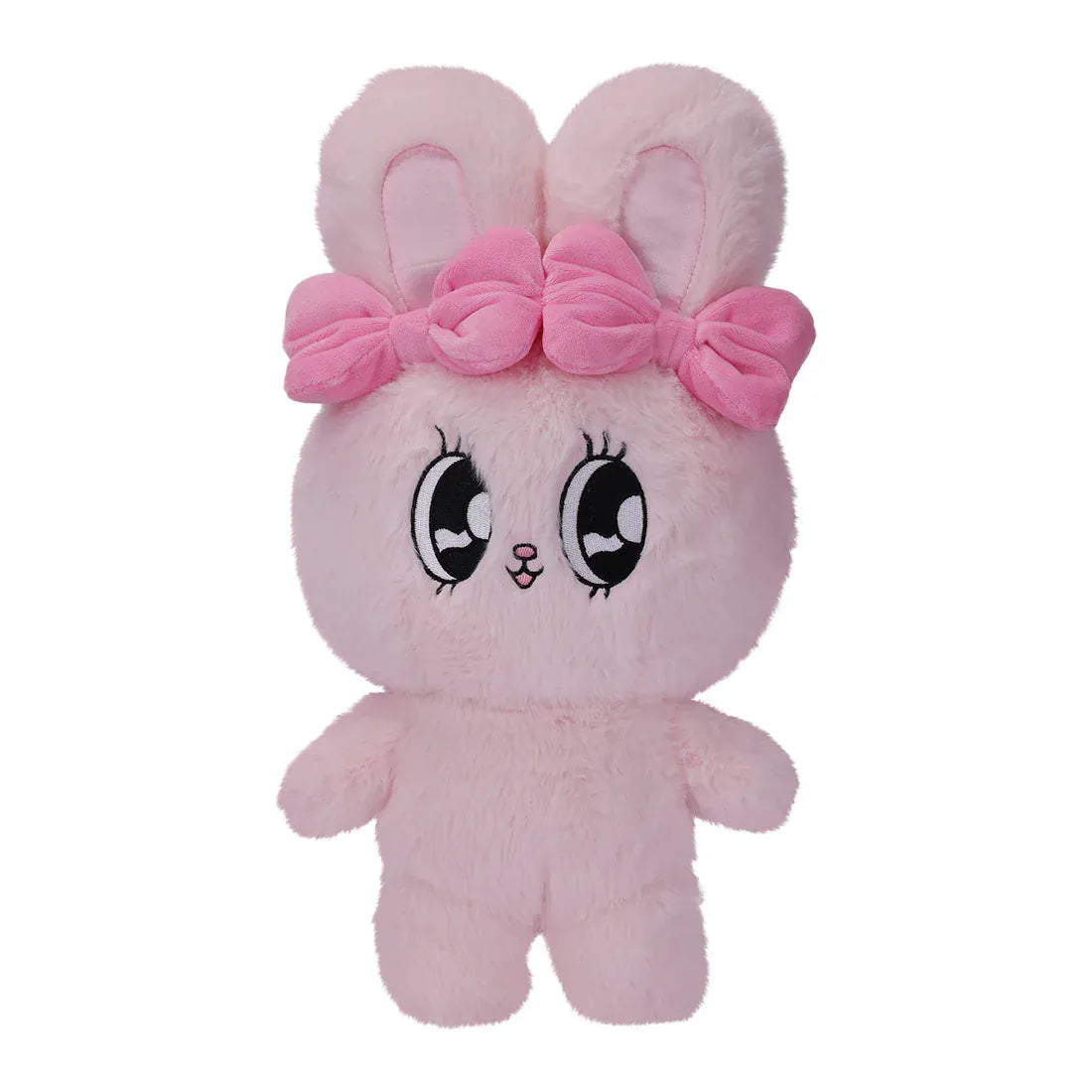 A pink, fluffy rabbit plush with big eyes and two pink bows.
