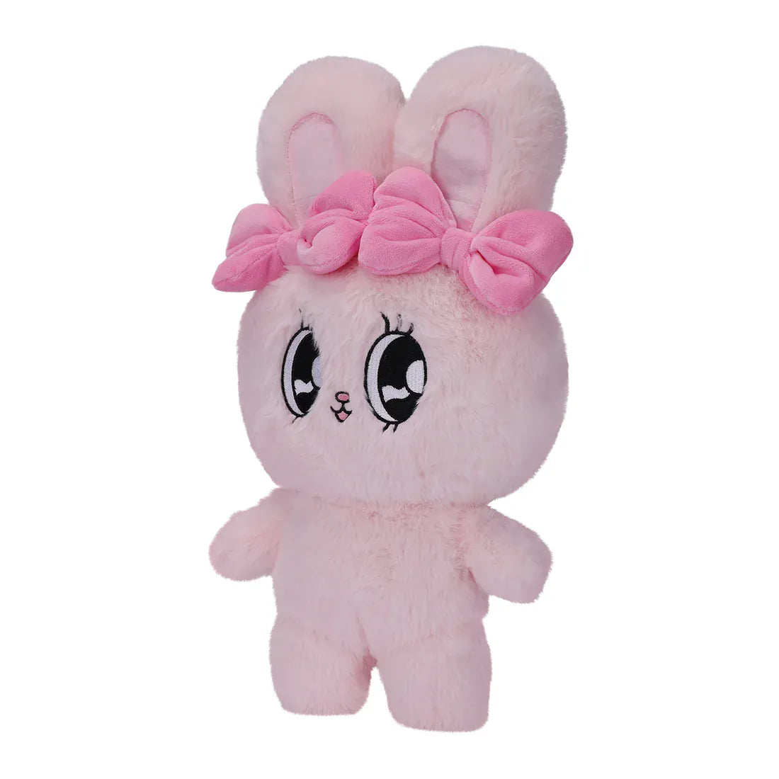 A pink, fluffy rabbit plush with big eyes and two pink bows.