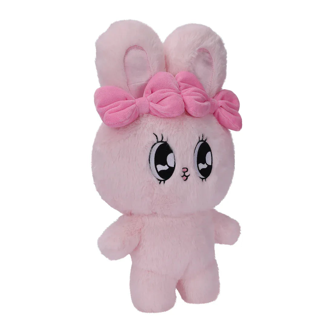 A pink, fluffy rabbit plush with big eyes and two pink bows.