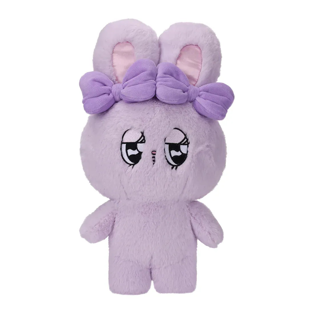 A purple, fluffy rabbit plush with big eyes and two purple bows.
