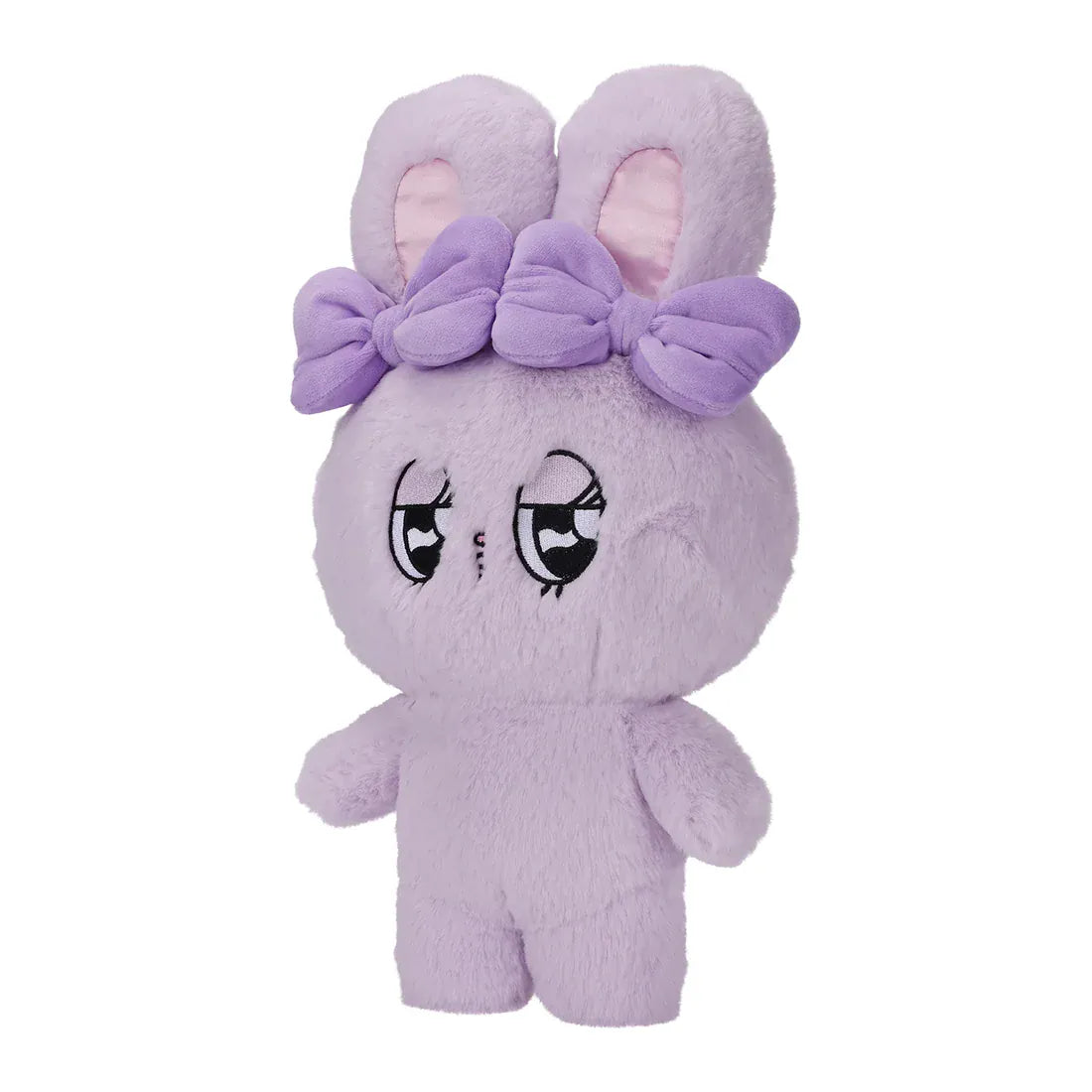 A purple, fluffy rabbit plush with big eyes and two purple bows.