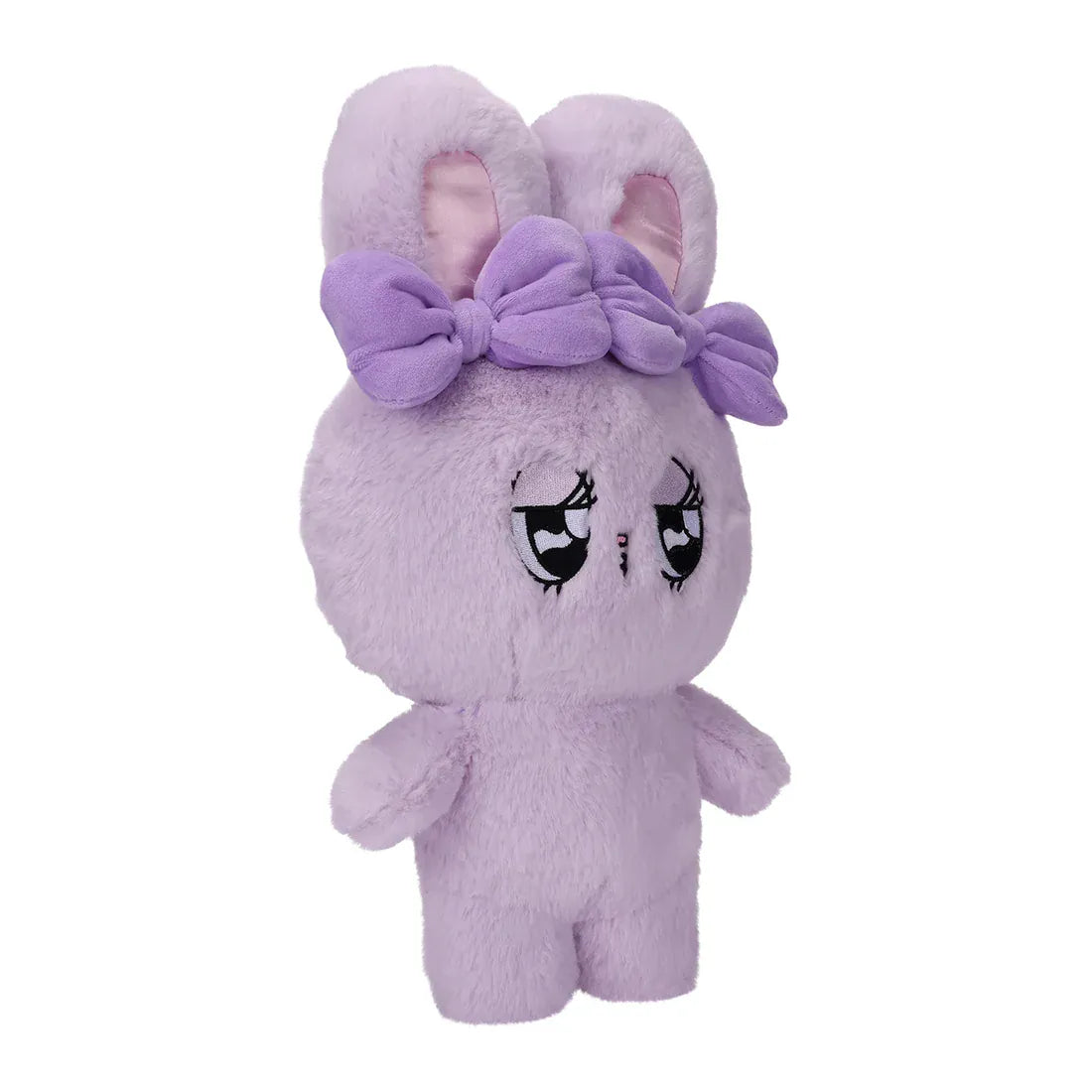 A purple, fluffy rabbit plush with big eyes and two purple bows.