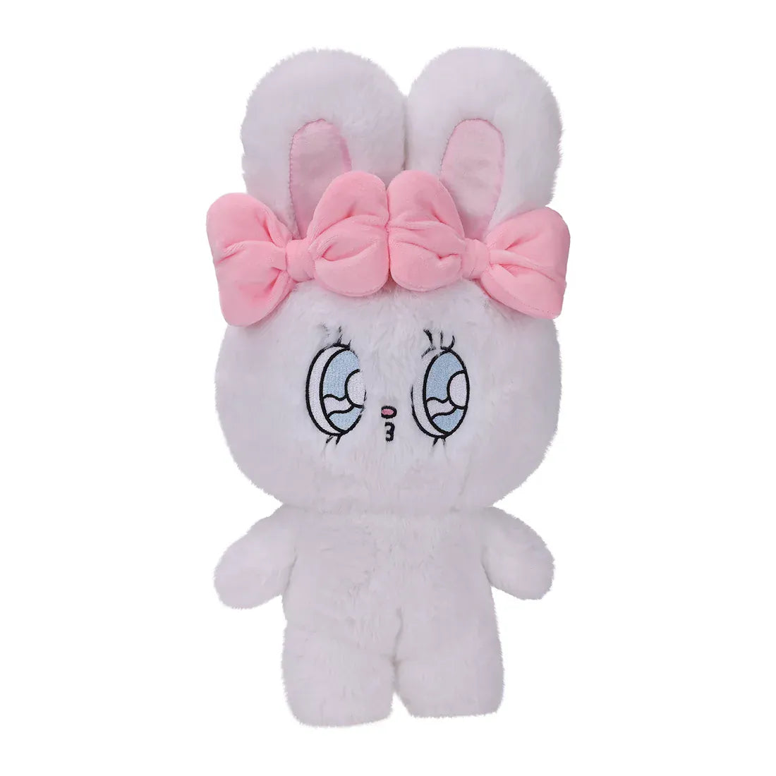 A white, fluffy rabbit plush, with big, blue eyes, and two pink bows.