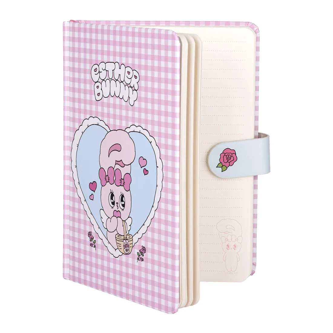 Photo of open pink gingham notebook. Says Esther Bunny with the character inside a heart. Notebook has clasp