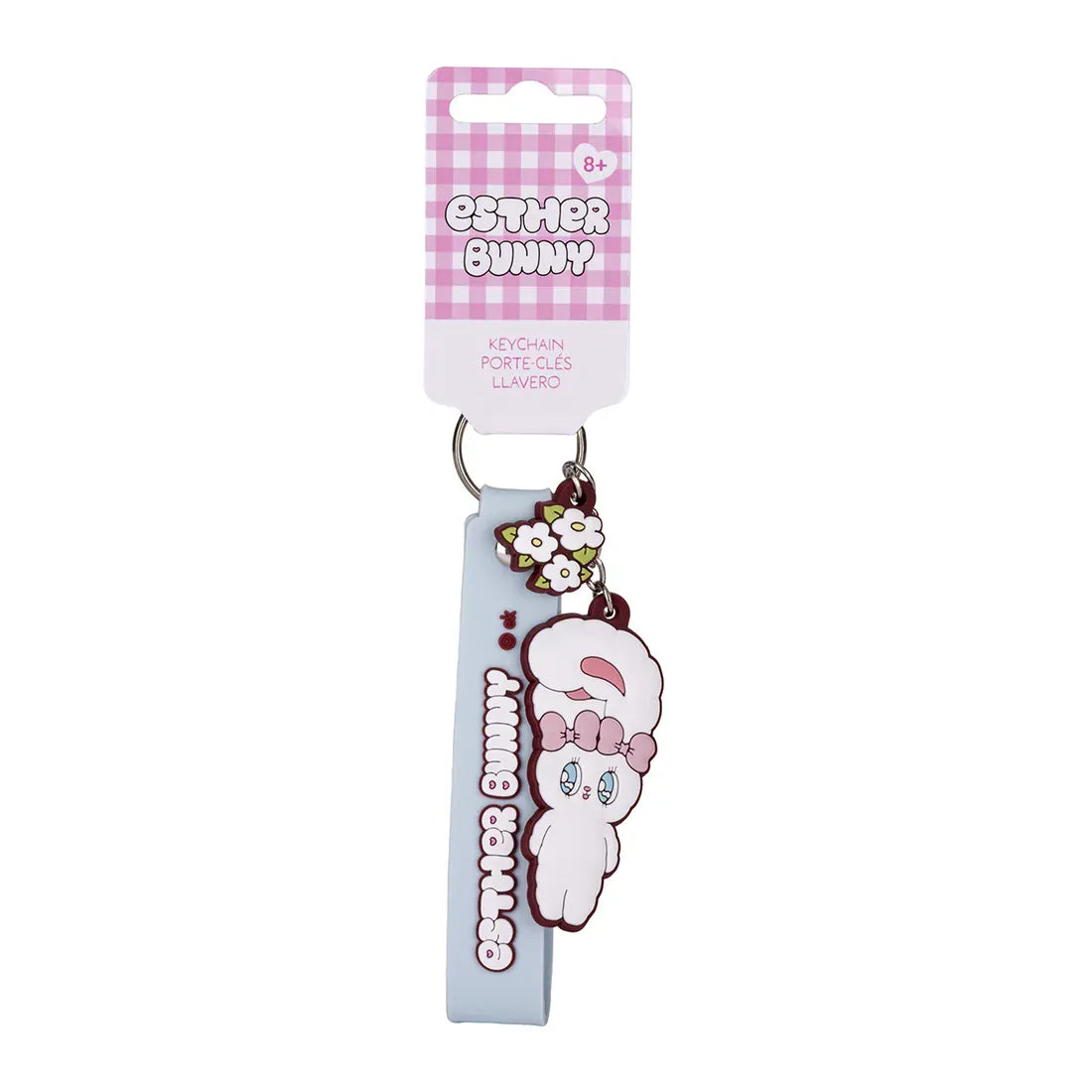 A keychain of a small white rabbit, and text that reads "Esther Bunny".