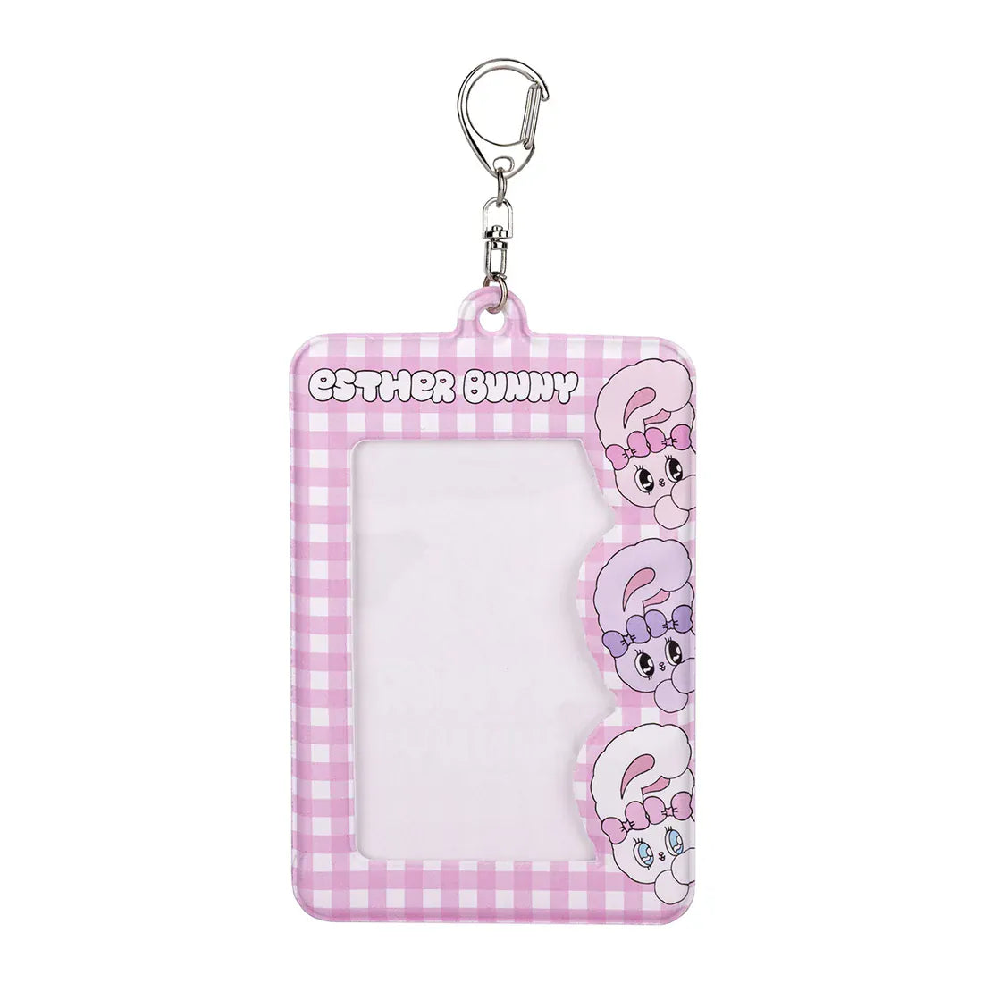 Photo of a photo card keychain with a lobster clasps featuring 3 versions of Esther Bunny with a pink gingham background