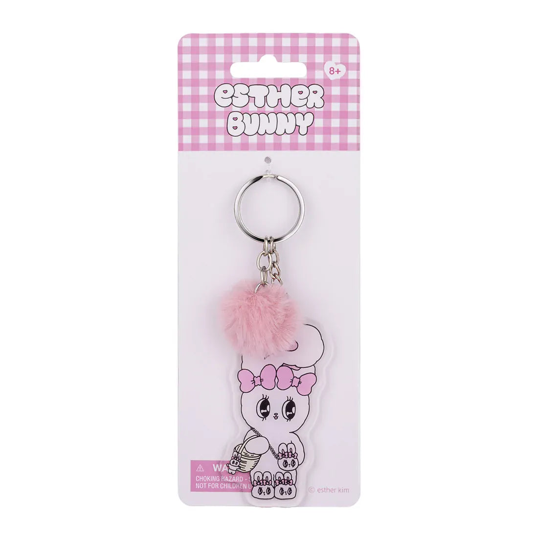 Photo of acrylic keychain featuring the character Esther Bunny with bows in her ears charm and pink pom pom