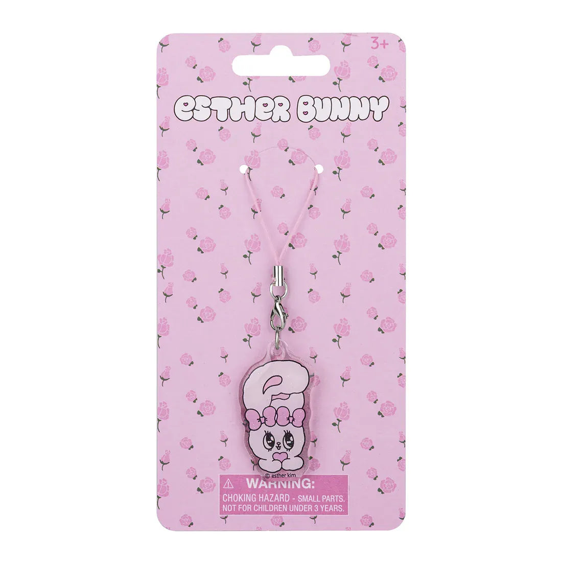 Photo of pink bunny character acrylic charm phone strap on backing card with Esther Bunny logo