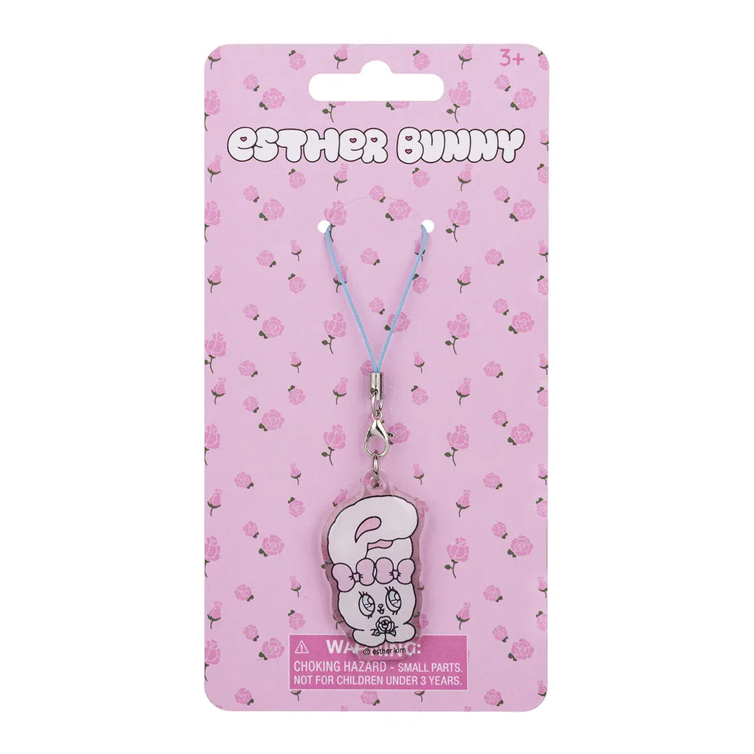 Photo of bunny character acrylic charm phone strap on backing card with Esther Bunny logo