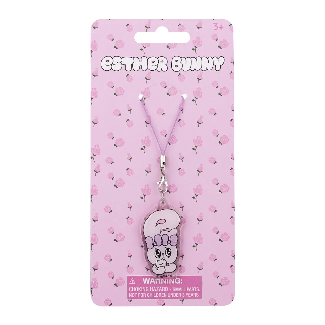 Photo of pink bunny character on a charm. On a backer with Esther Bunny logo